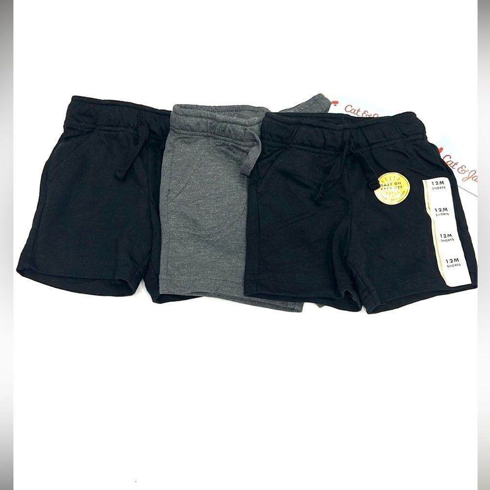 BUNDLE of 3 Cat & Jack Boys Grey Black Drawstring Shorts Size 12M